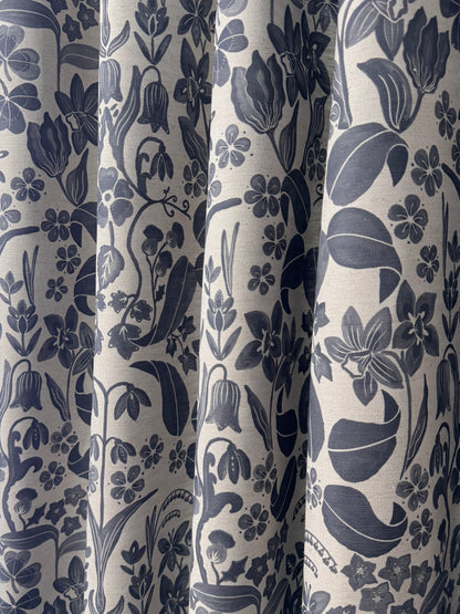 Glenwhisper Garden printed cotton, linen union fabric in Denim Blue