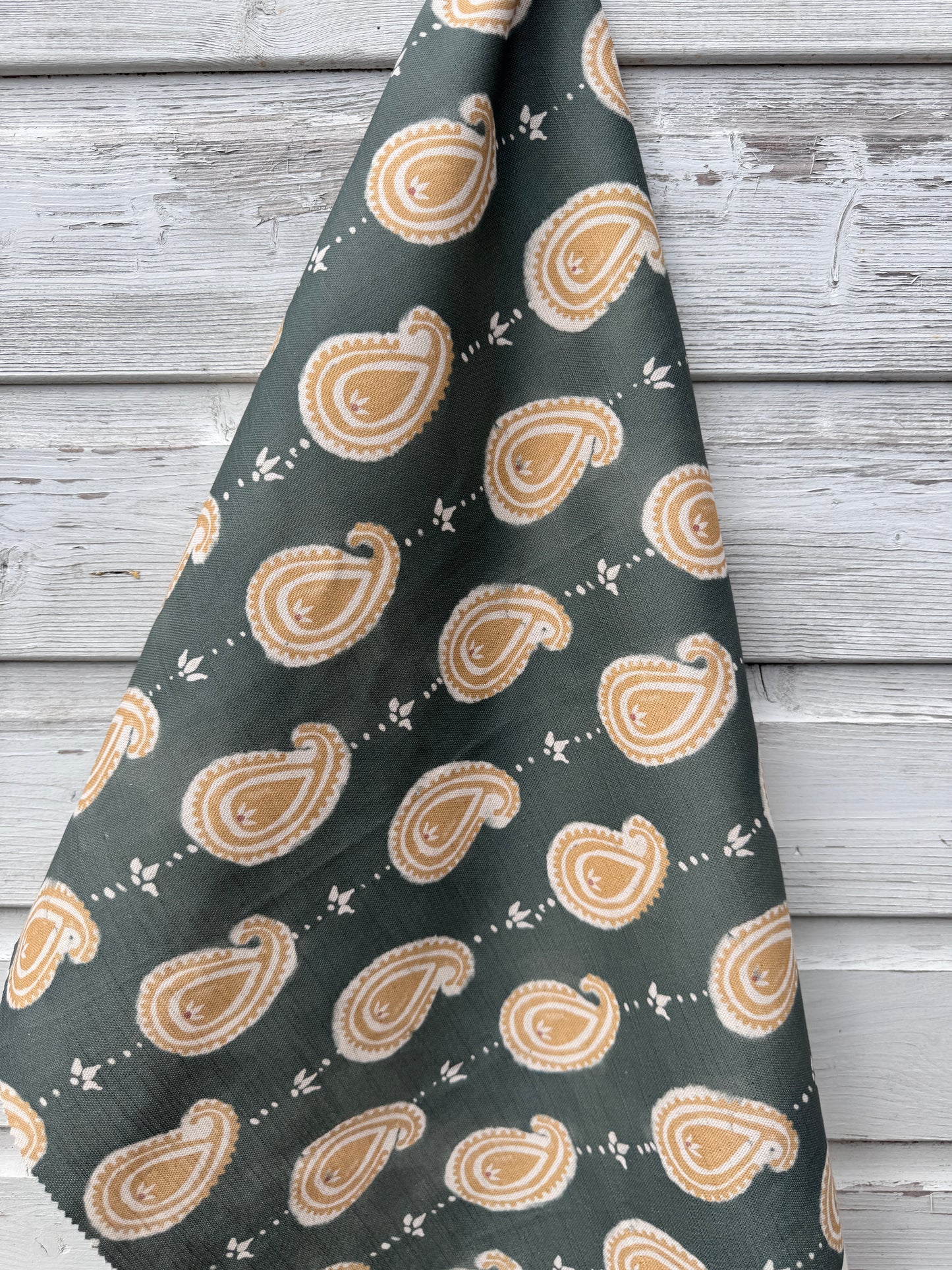 Paisley linen cotton union fabric in Sea Green and Yellow