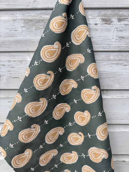 Paisley linen cotton union fabric in Sea Green and Yellow