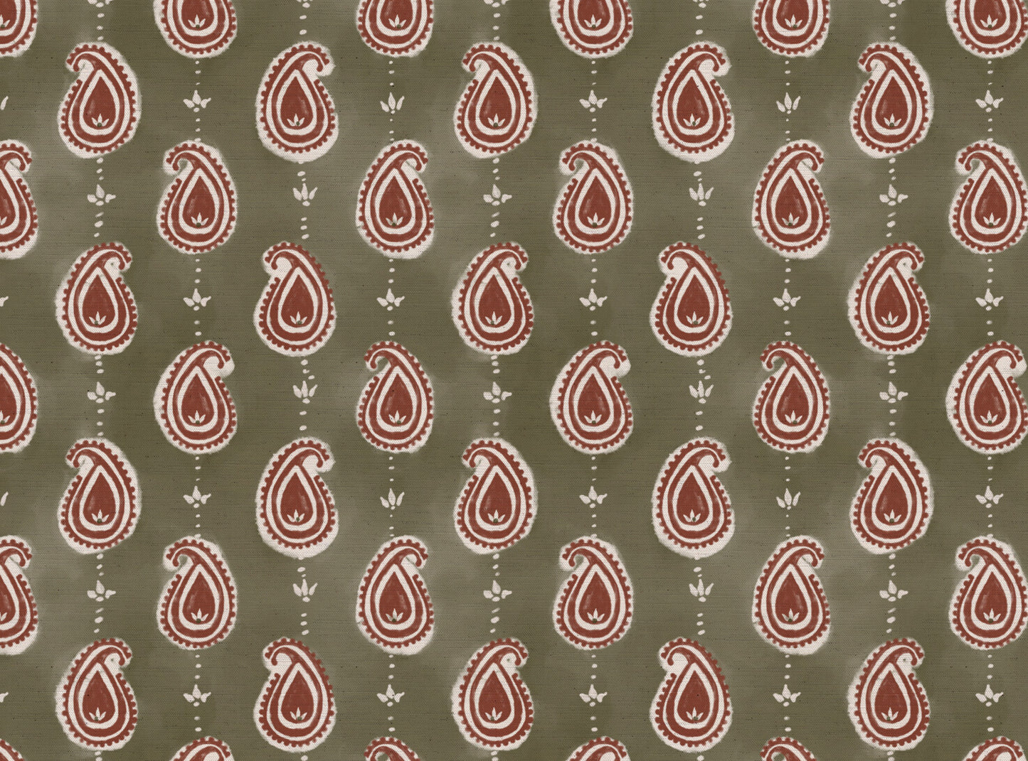 Paisley linen cotton union fabric in Green and Terracotta