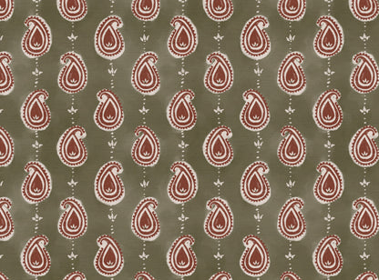 Paisley linen cotton union fabric in Green and Terracotta