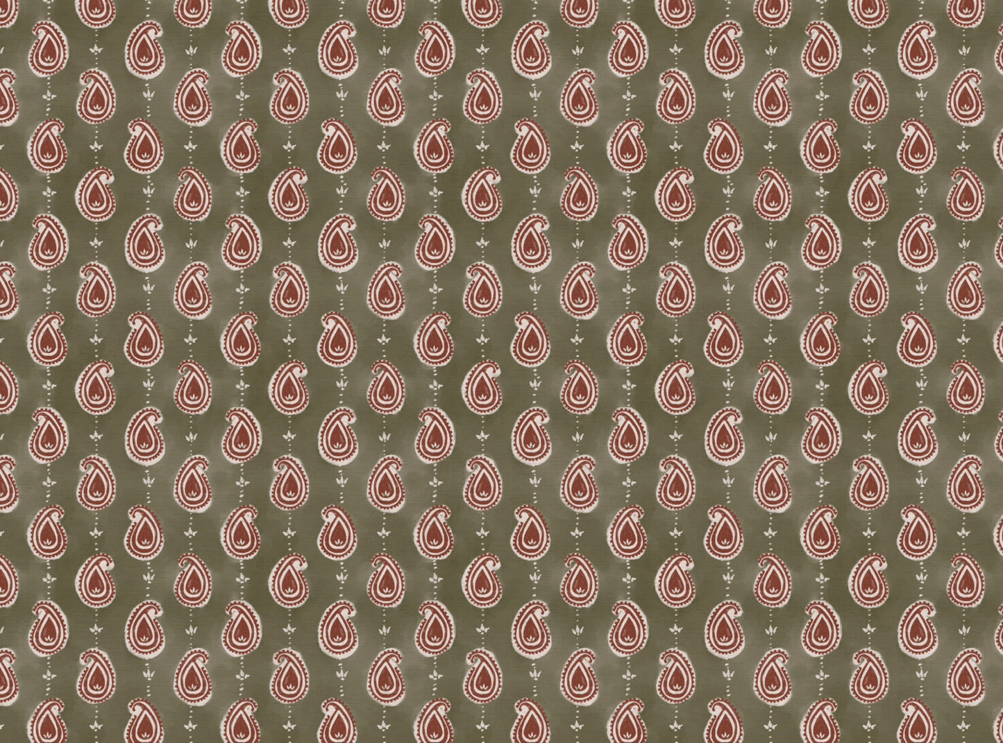 Paisley linen cotton union fabric in Green and Terracotta