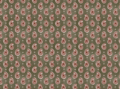 Paisley linen cotton union fabric in Green and Terracotta