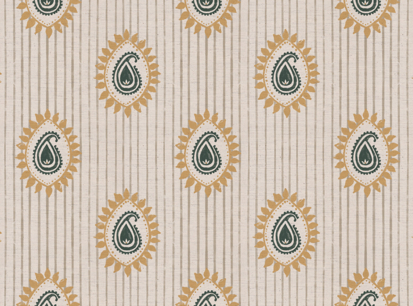 Field flower Paisley linen cotton union fabric in Sea Green and Yellow
