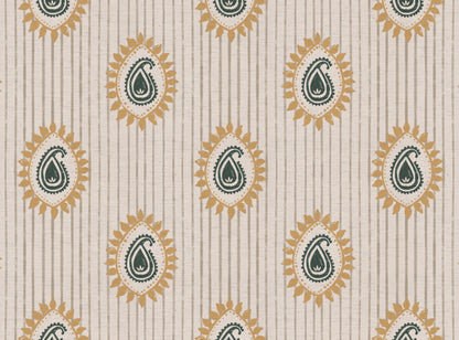 Field flower Paisley linen cotton union fabric in Sea Green and Yellow