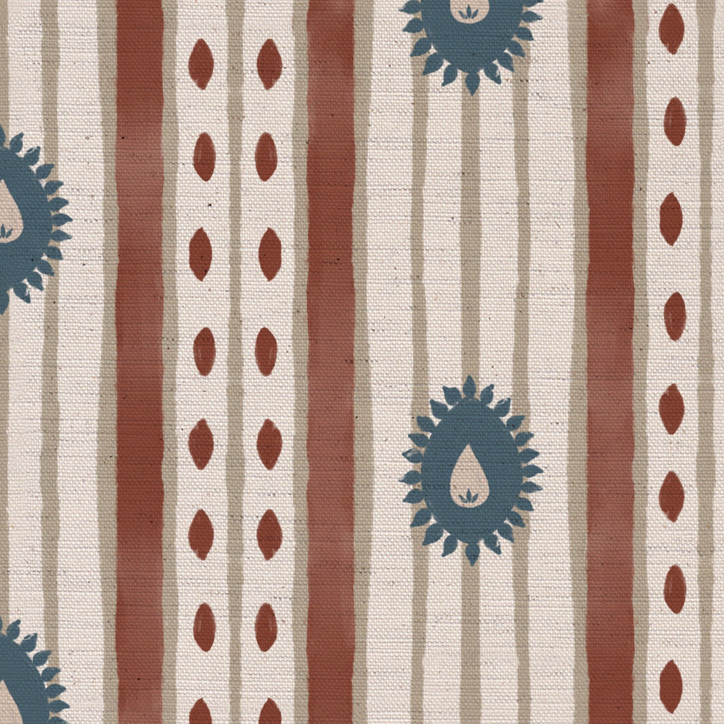 Field Flower Stripe linen cotton union fabric in Terracotta and Blue
