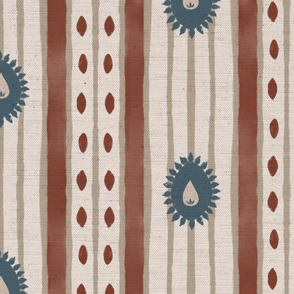 Field Flower Stripe linen cotton union fabric in Terracotta and Blue