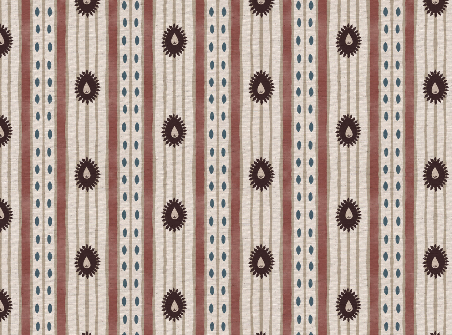 Field Flower Stripe linen cotton union fabric in Aubergine and Pink