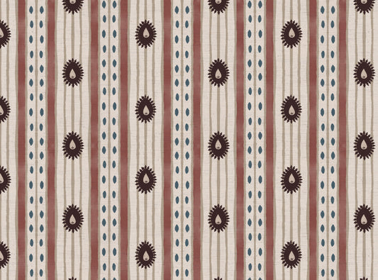 Field Flower Stripe linen cotton union fabric in Aubergine and Pink