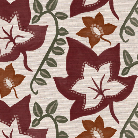 Leaf Trail printed cotton, linen union fabric in Raspberry and Rust