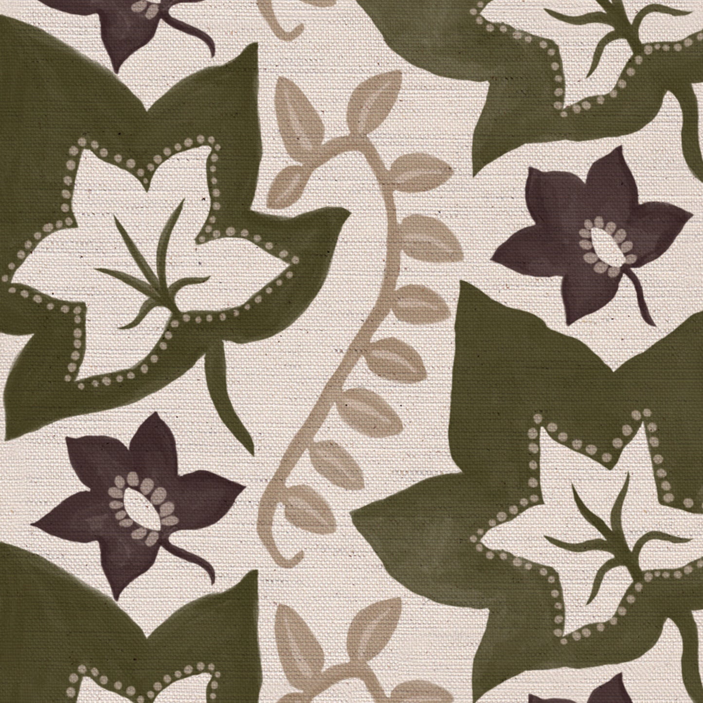 Leaf Trail printed cotton, linen union fabric in Olive and Aubergine