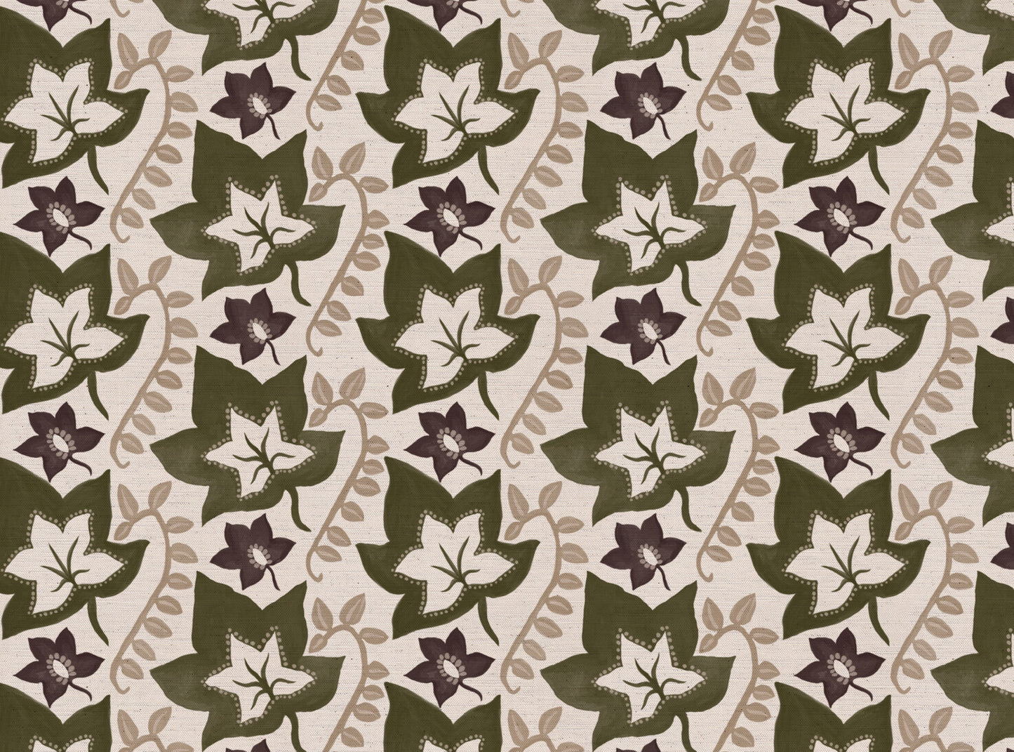 Leaf Trail printed cotton, linen union fabric in Olive and Aubergine