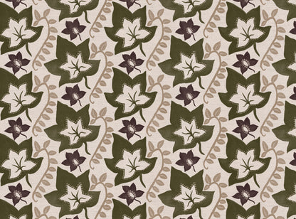 Leaf Trail printed cotton, linen union fabric in Olive and Aubergine