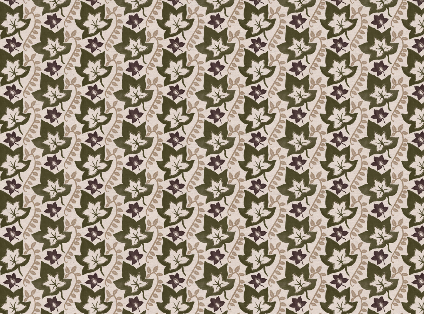 Leaf Trail printed cotton, linen union fabric in Olive and Aubergine
