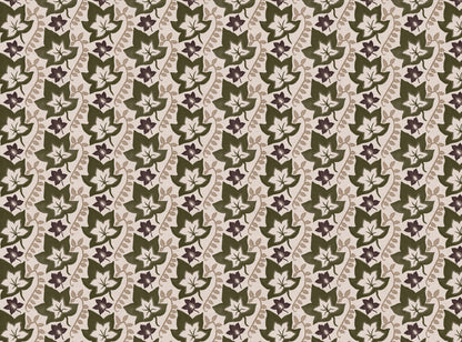 Leaf Trail printed cotton, linen union fabric in Olive and Aubergine