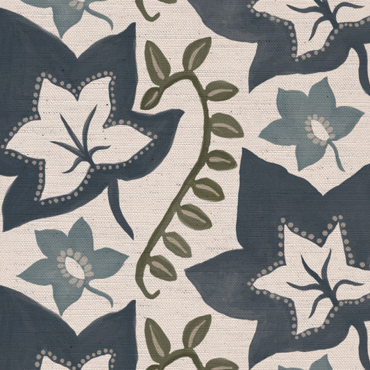 Leaf Trail printed cotton, linen union fabric in Blue