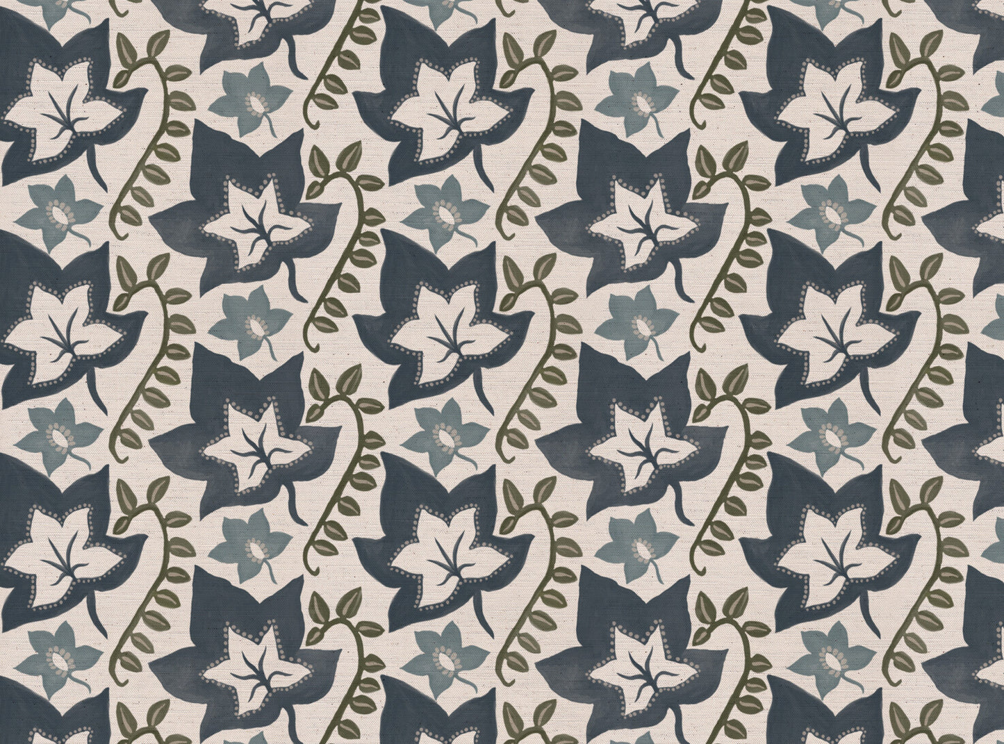 Leaf Trail printed cotton, linen union fabric in Blue