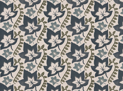 Leaf Trail printed cotton, linen union fabric in Blue