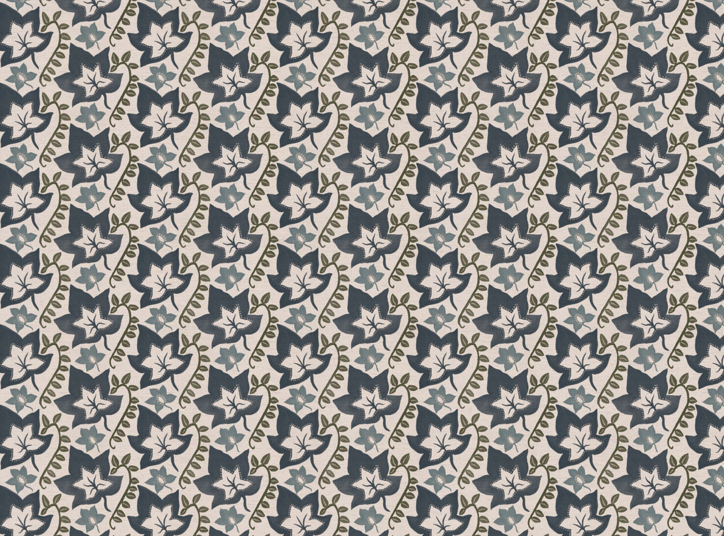 Leaf Trail printed cotton, linen union fabric in Blue