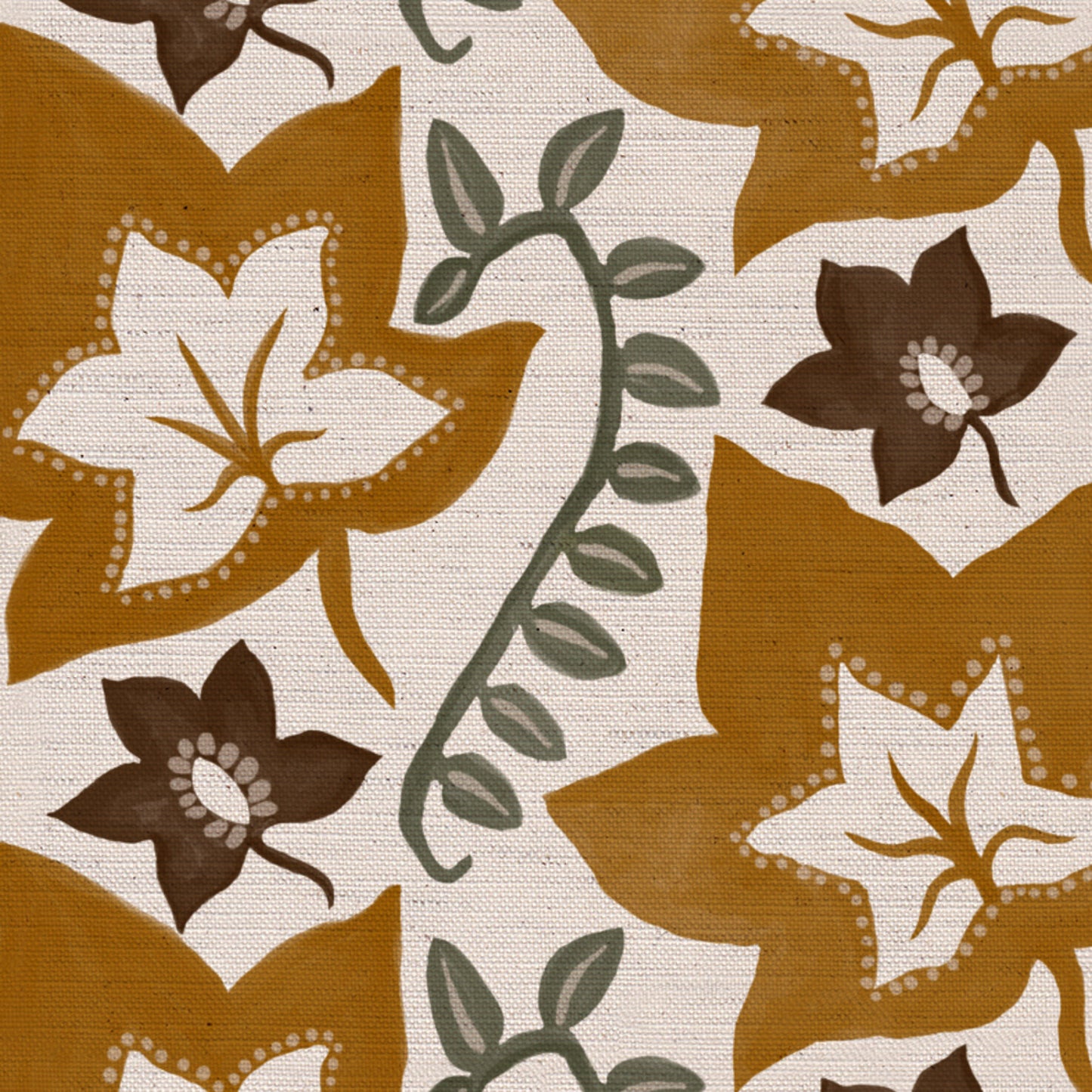 Leaf Trail printed cotton, linen union fabric in Golden Ochre
