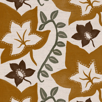 Leaf Trail printed cotton, linen union fabric in Golden Ochre