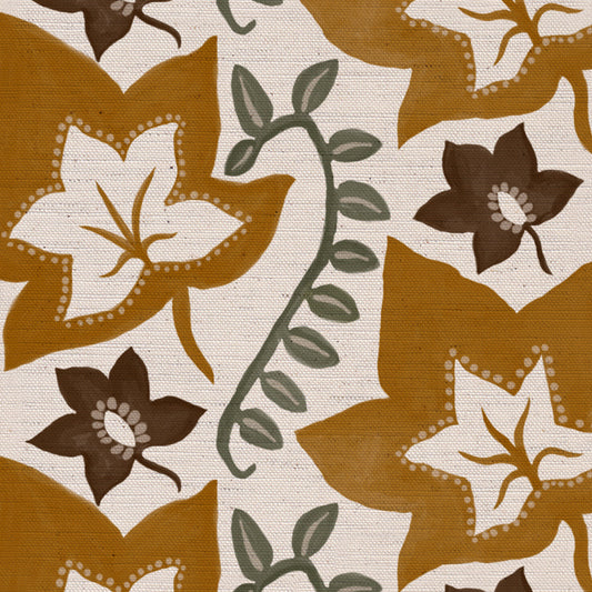 Leaf Trail printed cotton, linen union fabric in Golden Ochre