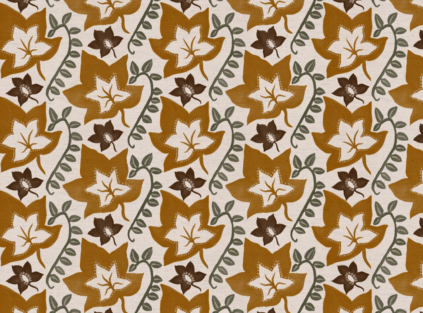 Leaf Trail printed cotton, linen union fabric in Golden Ochre