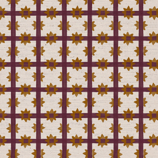 Starfall Check printed cotton, linen union fabric in Blackcurrant