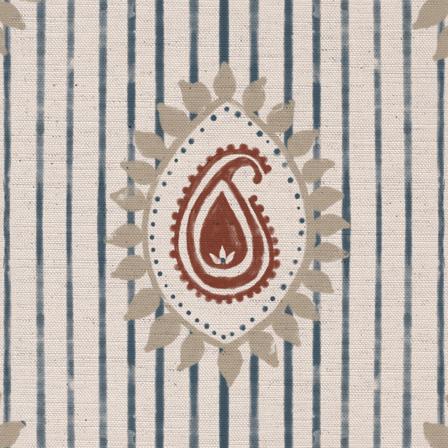 Field flower Paisley linen cotton union fabric in Blue and Terracotta
