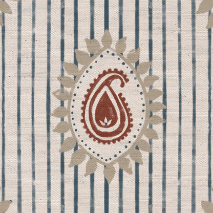 Field flower Paisley linen cotton union fabric in Blue and Terracotta