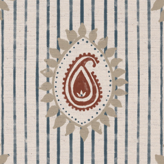 Field flower Paisley linen cotton union fabric in Blue and Terracotta