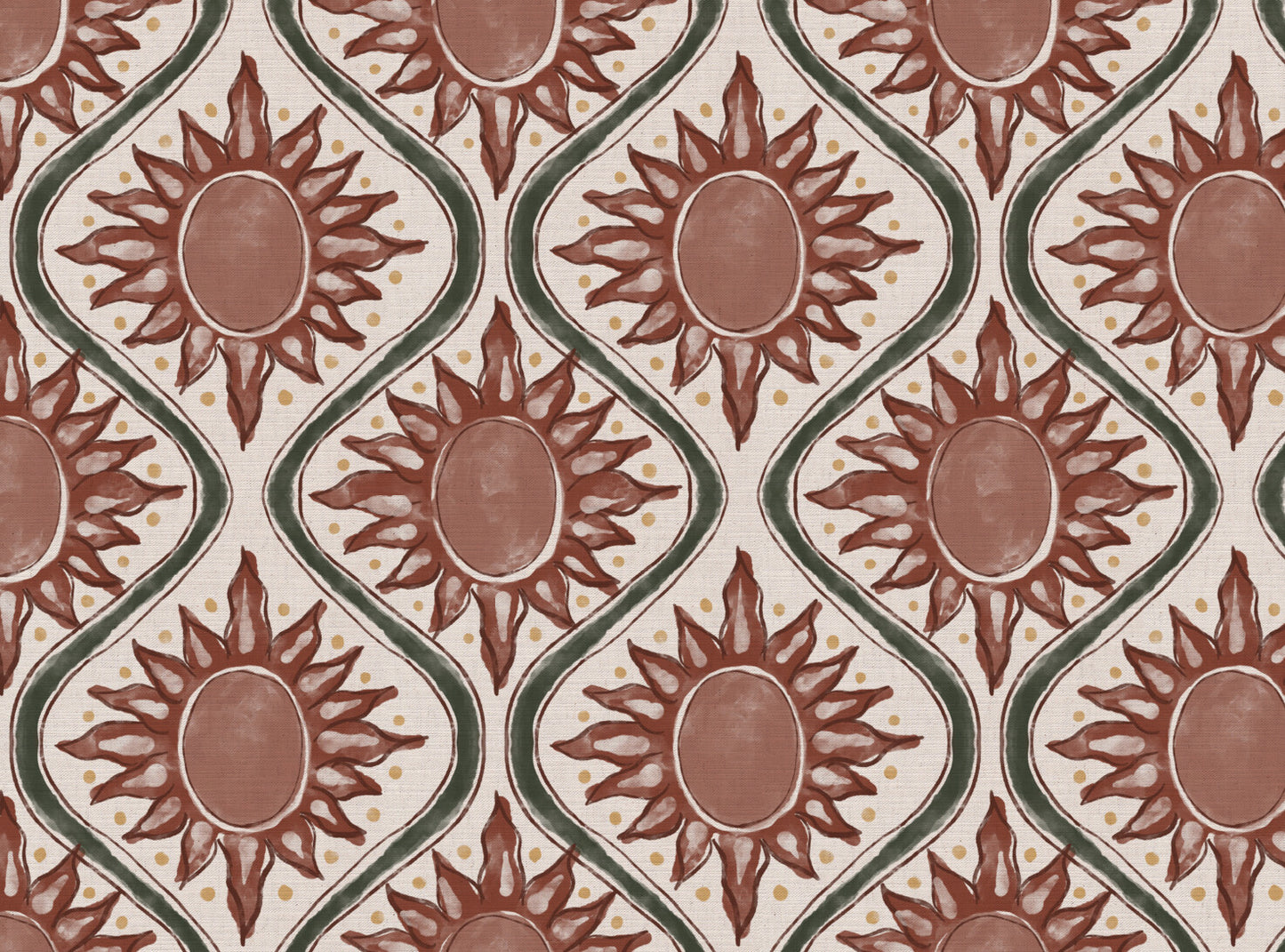 Sunburst linen cotton union in terracotta and green