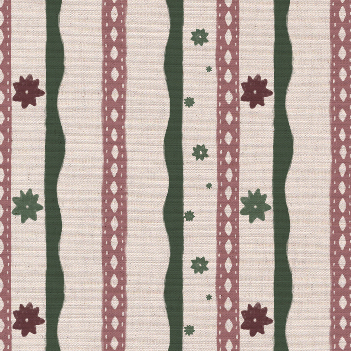 Rodeo stripe printed cotton, linen union fabric in Pink and Green