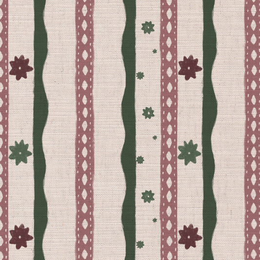 Rodeo stripe printed cotton, linen union fabric in Pink and Green