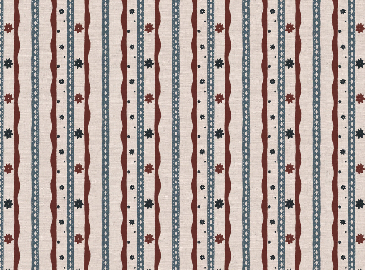 Rodeo stripe printed cotton, linen union fabric in Red And Blue