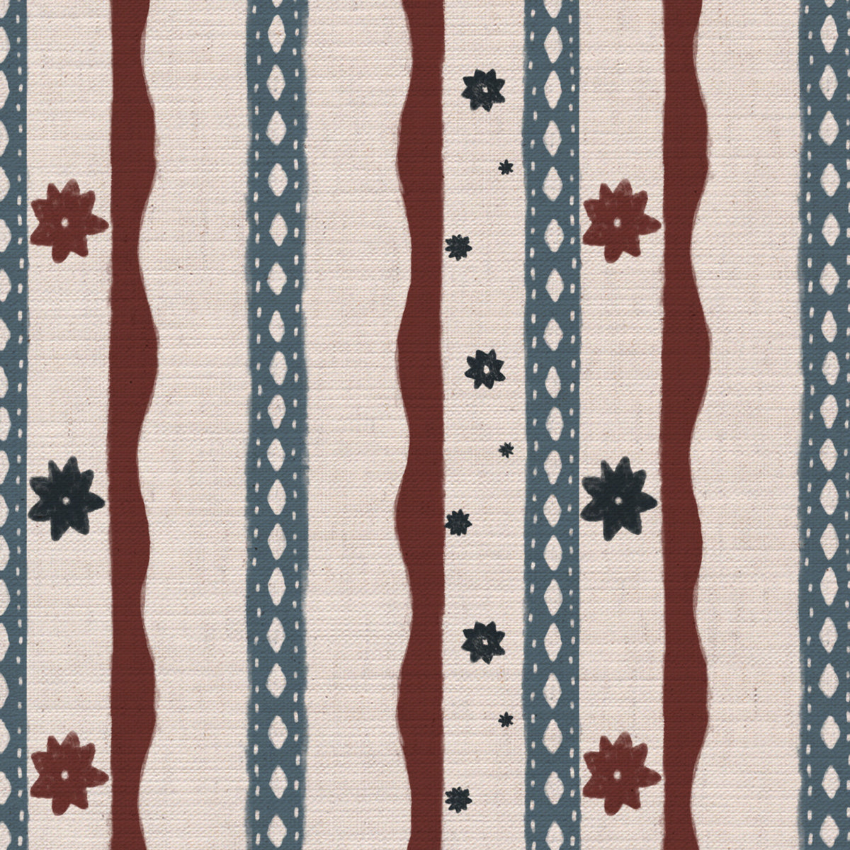 Rodeo stripe printed cotton, linen union fabric in Red And Blue