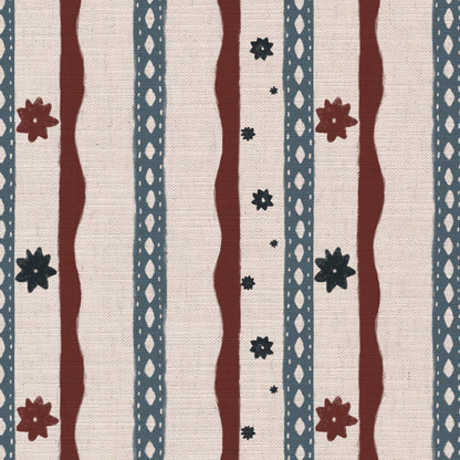 Rodeo stripe printed cotton, linen union fabric in Red And Blue