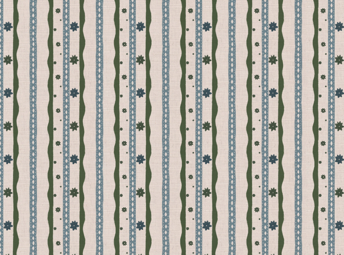 Rodeo stripe printed cotton, linen union fabric in Blue and Green