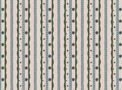 Rodeo stripe printed cotton, linen union fabric in Blue and Green
