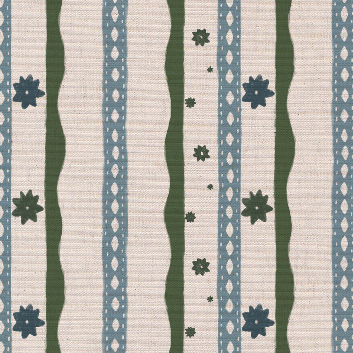 Rodeo stripe printed cotton, linen union fabric in Blue and Green