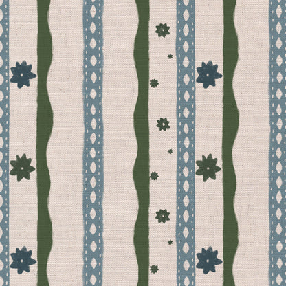 Rodeo stripe printed cotton, linen union fabric in Blue and Green