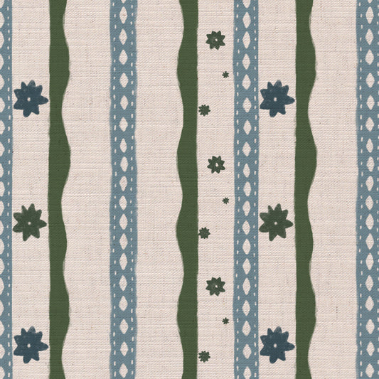 Rodeo stripe printed cotton, linen union fabric in Blue and Green