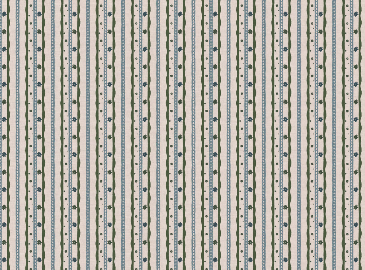 Rodeo stripe printed cotton, linen union fabric in Blue and Green