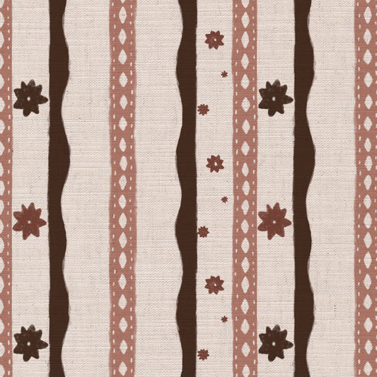 Rodeo stripe printed cotton, linen union fabric in cocoa