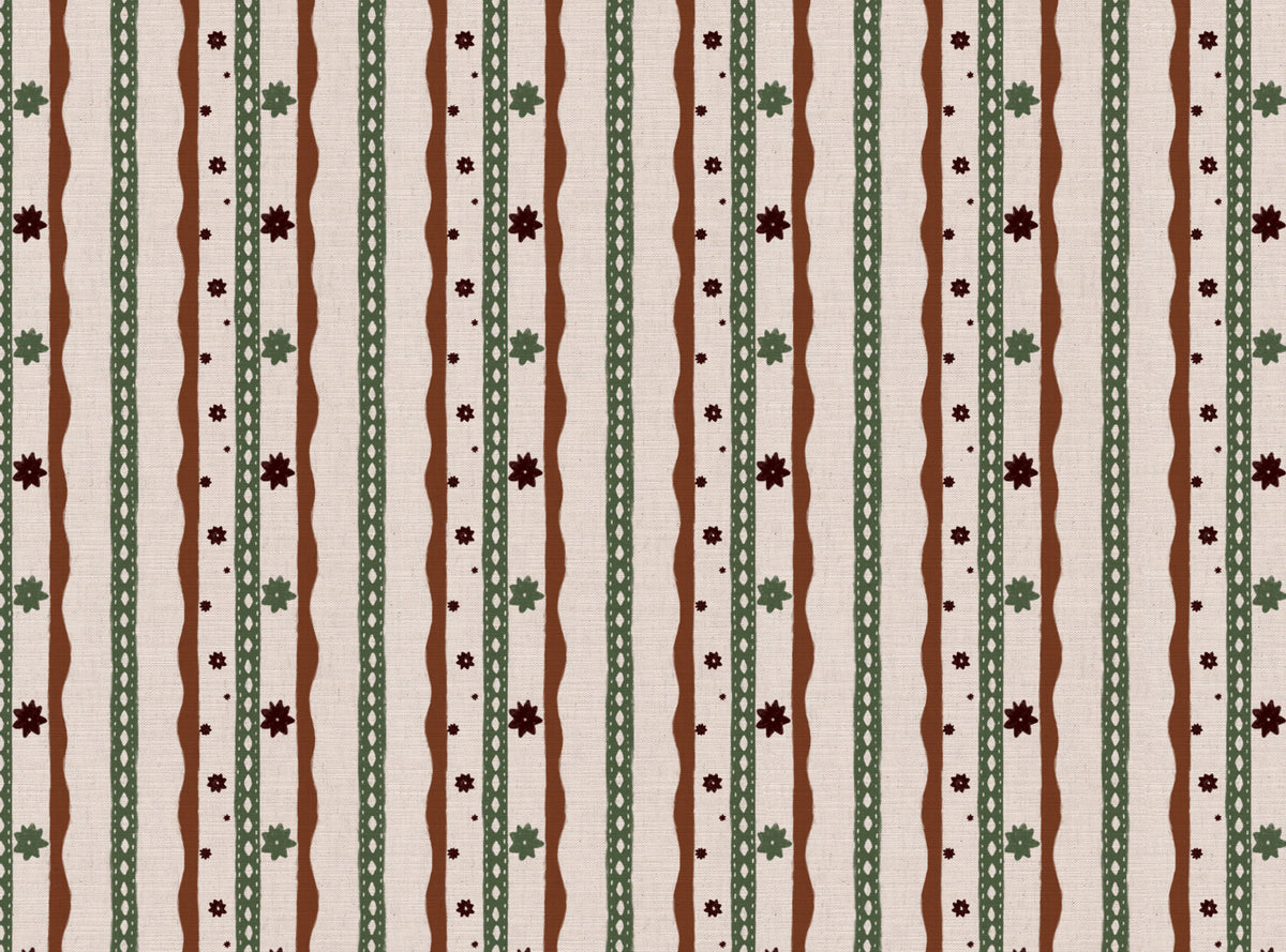 Rodeo stripe printed cotton, linen union fabric in Rust and Green