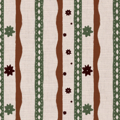 Rodeo stripe printed cotton, linen union fabric in Rust and Green