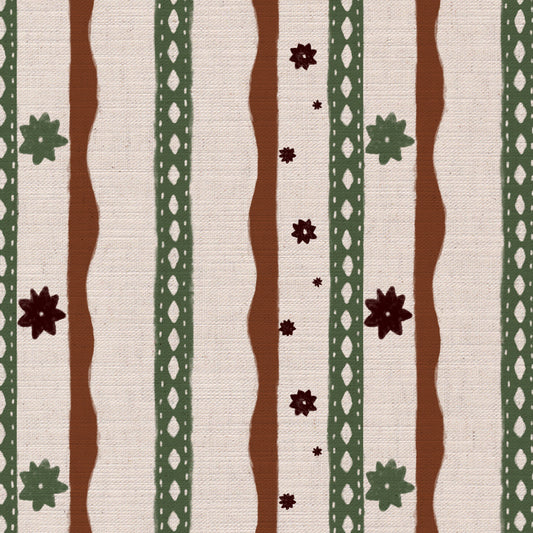 Rodeo stripe printed cotton, linen union fabric in Rust and Green