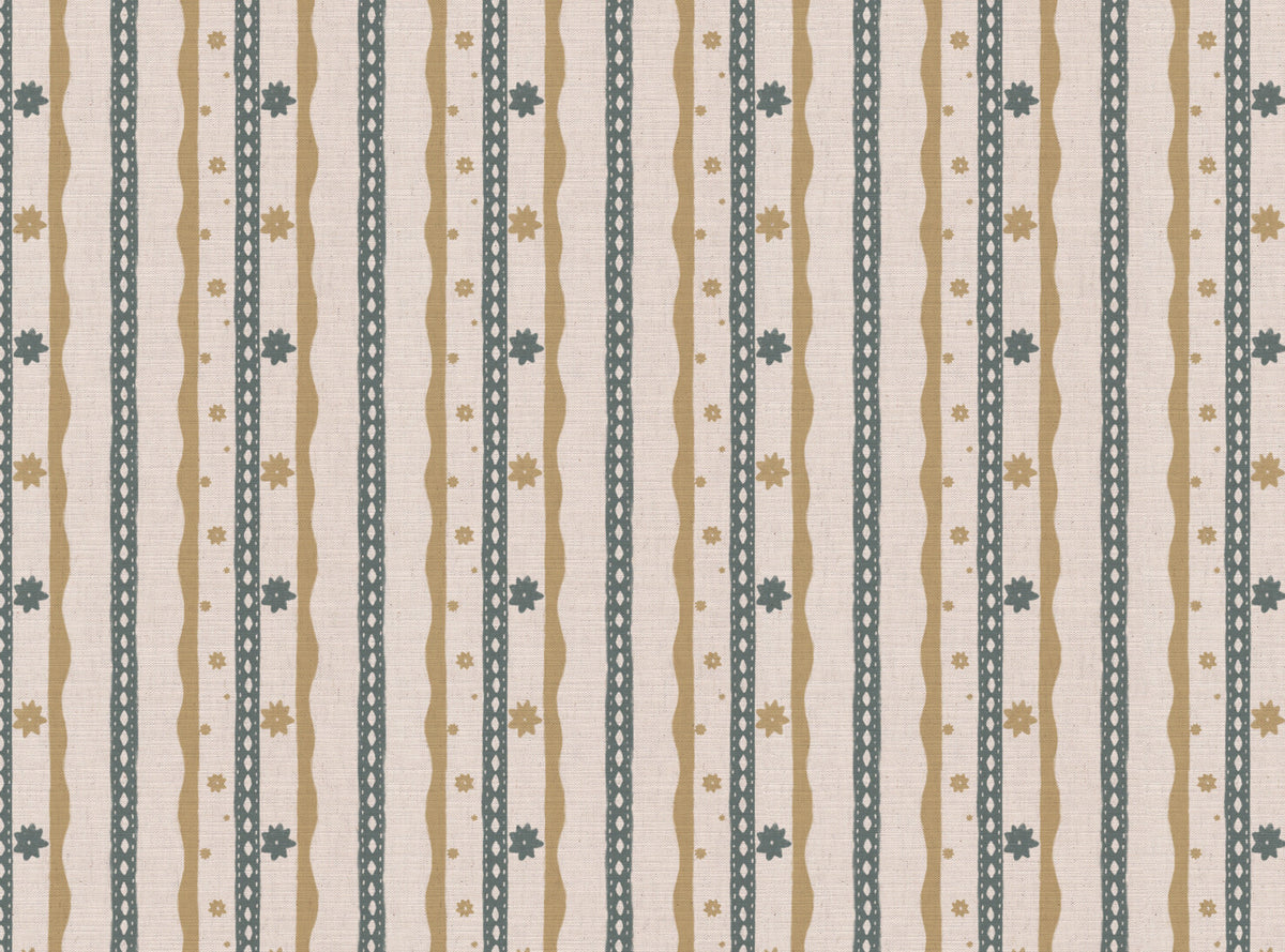 Rodeo stripe printed cotton, linen union fabric in Yellow and Blue