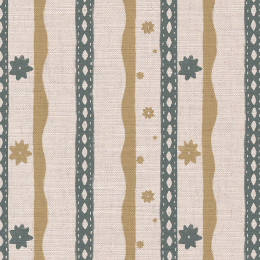 Rodeo stripe printed cotton, linen union fabric in Yellow and Blue