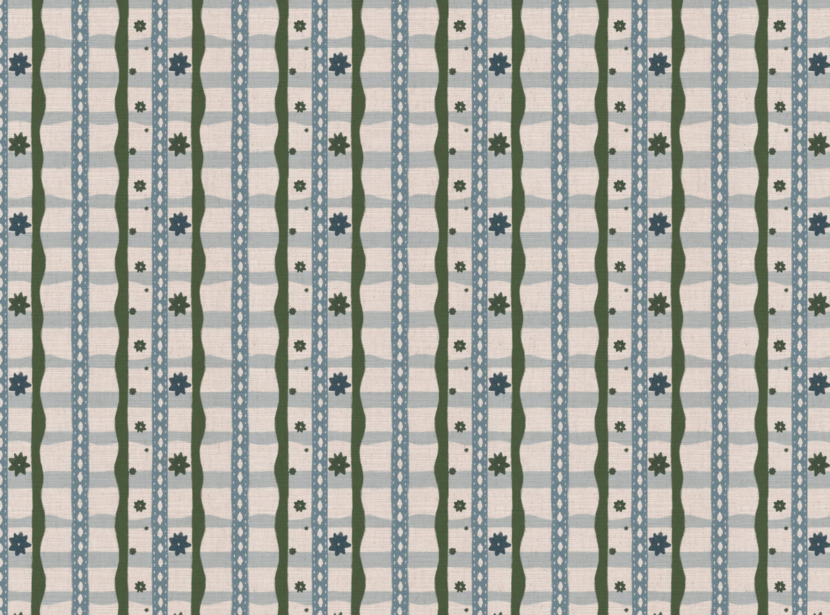 Rodeo check printed cotton, linen union fabric in Blue and Green
